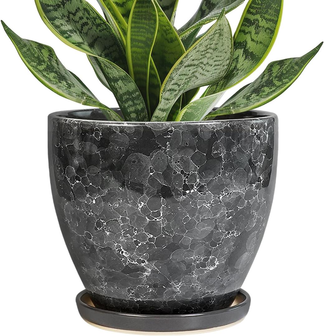 6.3 Inch Plant Pot - Ceramic Planter for Indoor with Drainage Hole and Saucer, Round Succulent Pot, Modern Flower Planters, Home Room Garden Office Decor, Gardening Gifts for Women, Grey