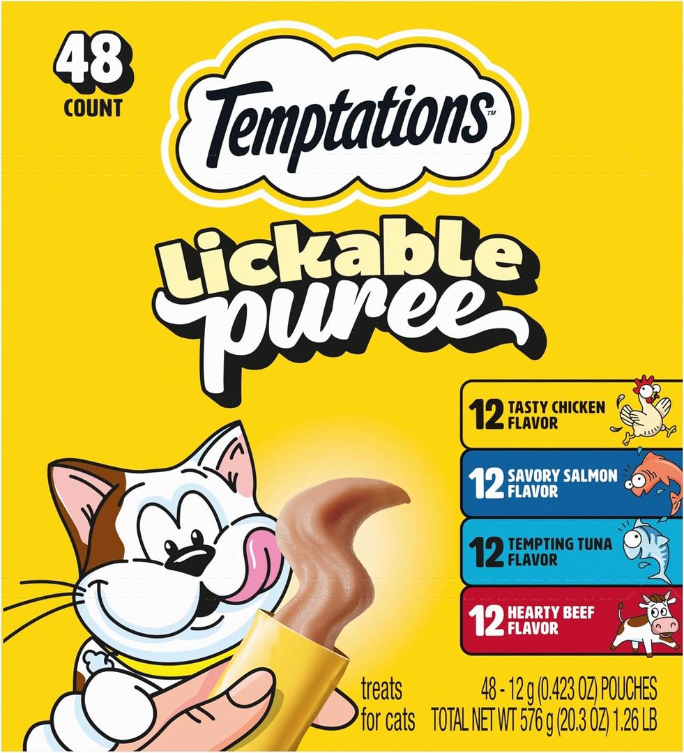 Temptations Creamy Puree Squeezable Lickable Cat Treats, Wet Cat Treats with Beef, Salmon, Chicken, and Tuna Variety Pack, 0.42 oz. Tubes, 48 Count (EXP 08/28/27)