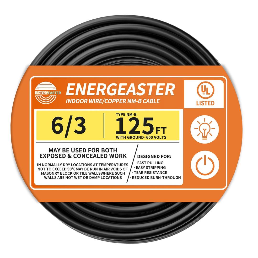 Solid Indoor 6/3 Type NM-B Pure Copper Cable 125FT, Black, 6 AWG 3 Conductors with Ground Wire