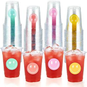 100 Pcs Smile Face Plastic Cups 16 oz Pastel Smile Face Disposable Cups Cute Pastel Clear Disposable Plastic Tumblers for First Birthday Birthday Baby Shower Party Supplies Beverage Drinking