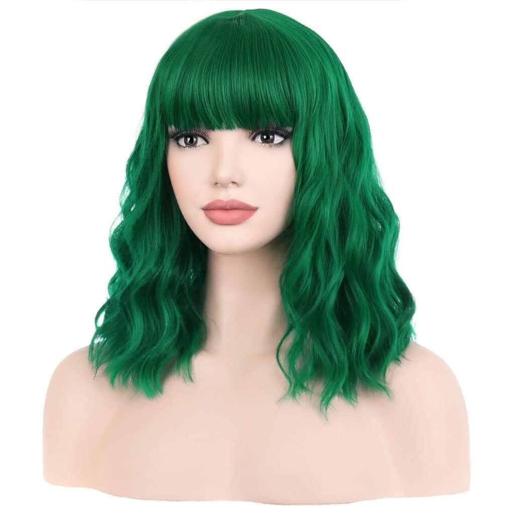 BERON 14 Inches Emerald Green Wig for Women Short Curly Green Wigs with Bangs for Daily Party Hairnet Include