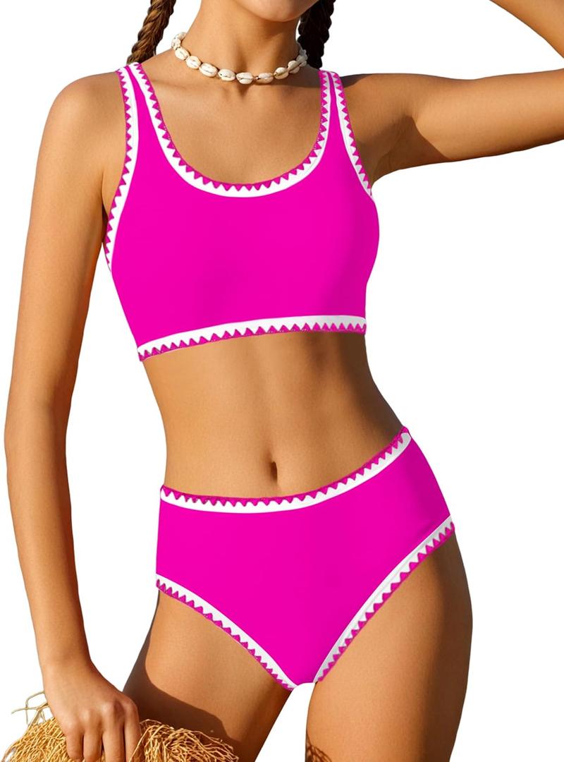 WIQI Girls Swimsuits Bikini Set 2 Piece Bathing Suit Color Contrast Trim Swimwear Size 7-16 (9-10 Years, Hot Pink-a)