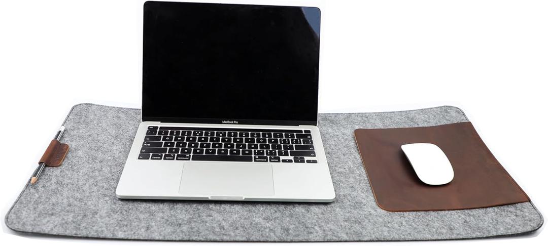 Extended Desk Mat  Large Felt & Leather Desk Protector with Pen Holder, Cable Organizer, and Smooth Mouse Area for Office Use