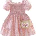 Toddler Girls Floral Dress Square Neck Puff Sleeve A-Line Smocked Dress with Bag Toddler Girls Summer Outfits (2-3T)