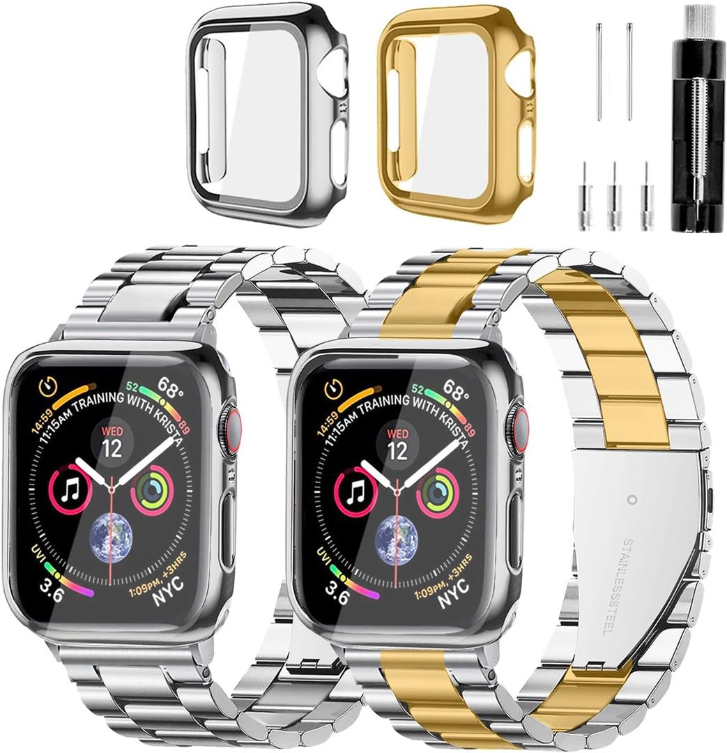 Compatible With Apple Watch Band and Case Iwatch Ultra 10 9 8 7 6 5 4 3 2 1 SE 46mm Series,Men Women Classic Classy Stainless Steel Metal Business (Gold/Silver&Silver)