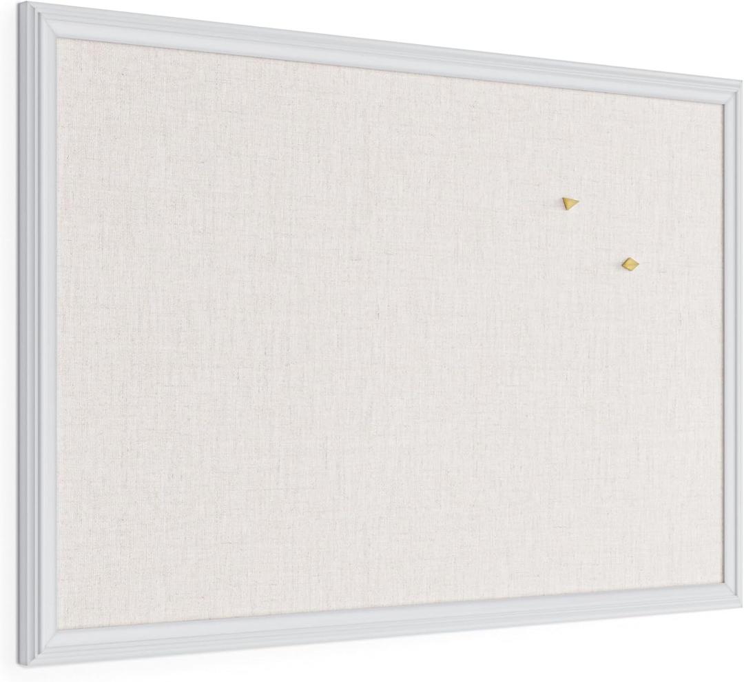 U Brands Farmhouse Linen Bulletin Board, 30" x 20", White Wood Frame, Wall Mounted Pin Board for Home Office, Classroom & Kitchen, Includes Push Pins