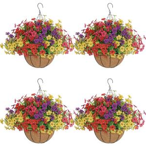 Zounys 4 Set Artificial Faux Hanging Plants Flowers Basket for Summer, Artificial Outdoor Flowers Hanging Basket, UV Resistant Artificial Flowers, Front Porch Garden Patio Home Decor