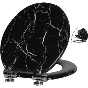 Angel Shield Marble Toilet Seat Durable Molded Wood with Quiet Close,Easy CleanQuick-Release Hinges (Round,Black Marble)