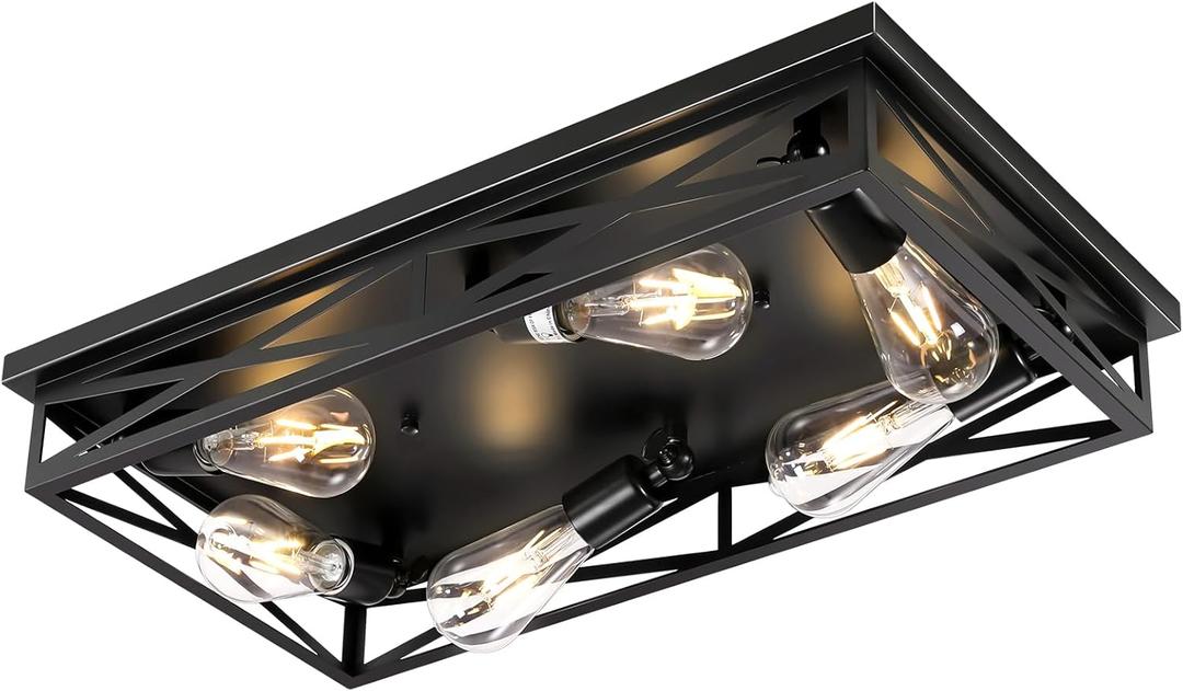 DIKAIDA Flush Mount Ceiling Light Fixture, 6-Light Black Farmhouse Flush Mount Light Fixture Kitchen Lights, 23" Metal Cage Closed to Ceiling Mounted Lights for Kitchen Hallway Entryway E26 Base