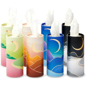 Zodaca 7-Pack Car Tissues Cylinder Boxes - Round Travel Wipes for Car Cup Holder (50 Tissues Per Container, Gold Foil Moon Design)