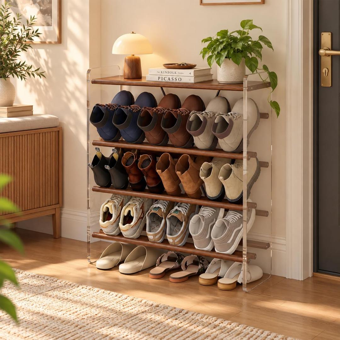 YQJJGL 4‑Tier Shoe Rack, Solid Wood and Acrylic, Walnut, 29" W