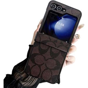 for Galaxy Z Flip 7 Case with Hinge Protection, Luxury Designer PU Leather Anti-Fingerprint Shockproof Protective Cover Phone Case for Galaxy Z Flip 7 Brown