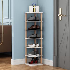 LUCKNOCK 7 Tiers Vertical Shoe Rack, Narrow Shoe Organizer, Stylish Wooden Shoe Storage Stand, Space Saving Shoe Shelf, Shoe Tower, Free Standing Shoe Racks for Entryway, No-Tool Assembly, White