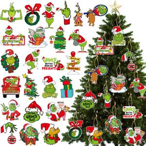 Griinch Ornaments for Christmas Tree Wood, Double-Sided Printing 24 Pcs Christmas Tree Decorations Hanging Ornaments for Tree Home Indoor Outdoor Decorations 20 Packs