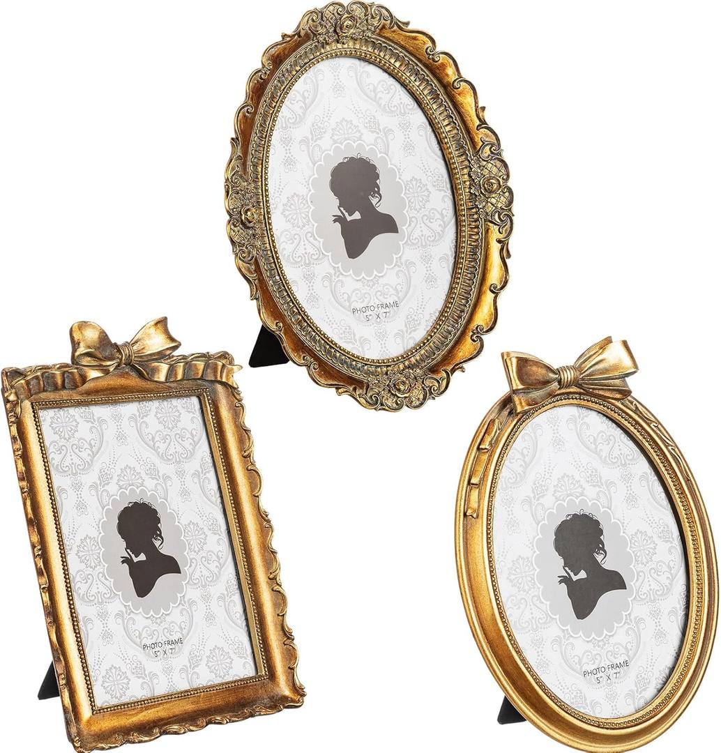 Vicenpal 3 Pcs Tiny Picture Ornate Frames 5 x 7 Inch Small Vintage Oval Picture Frames Gold Vintage Baroque Ornate Antique Resin Frame Table Top Display Frame for Home Wedding Decor (Brown)