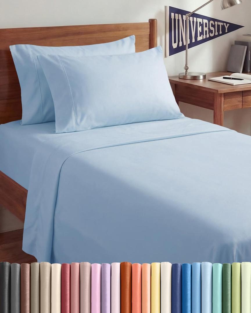 Twin XL 4 Piece Sheet Set - Comfy Breathable & Cooling - Hotel Luxury Bedding for Women, Men, Kids, Teens & Children - 1 Flat & 1 Fitted Sheet & 2 Pillowcases w/ Deep Pockets - Wrinkle Free - Sky Blue