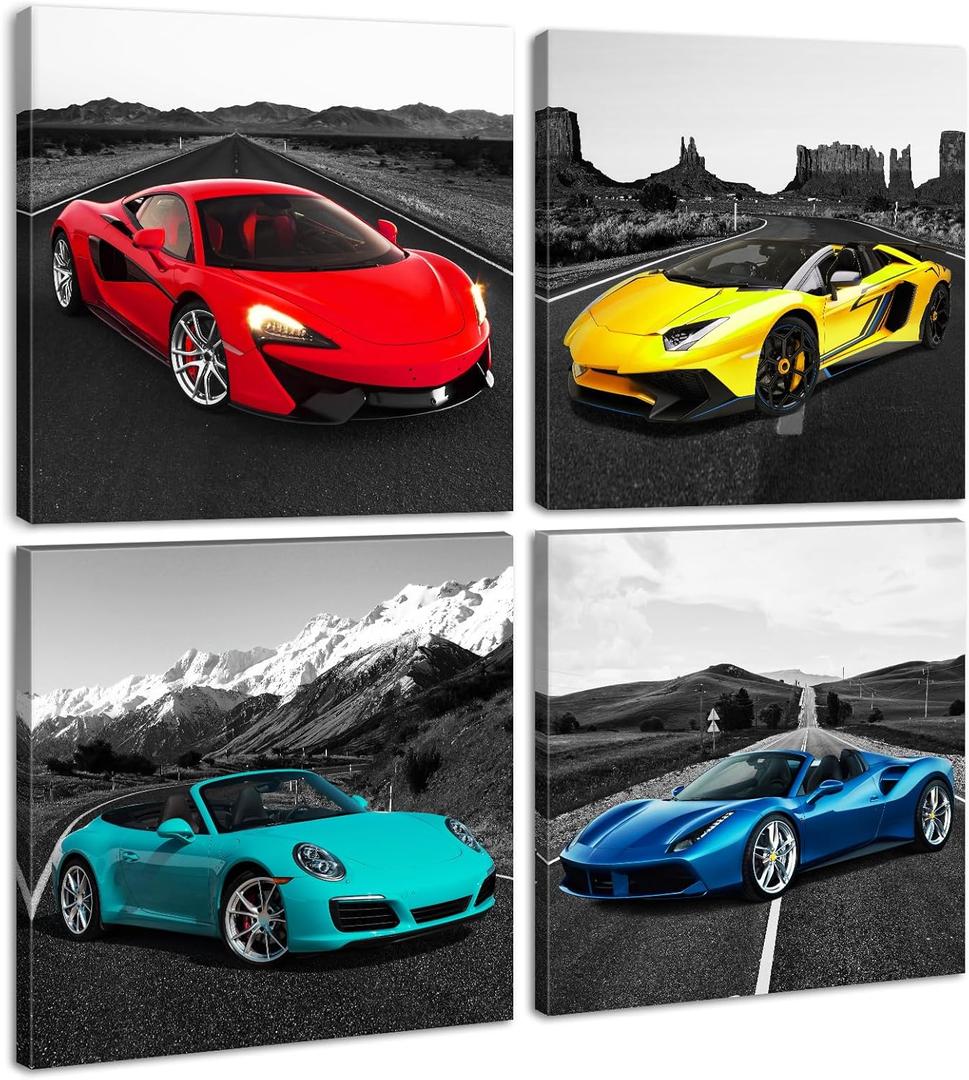JiazuGo Car Pictures Posters Black and White Wall Decor Art for Teen Boys Room Mens Bedroom Office Canvas Framed Ready to Hang 12" W12" H4 PCS