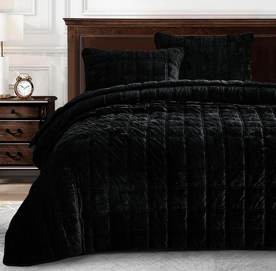 Chezmoi Collection Piers Black Velvet Quilt King Set, 3-Piece Lush Plush Distressed Velvet Bedding All Season Lightweight Comforter - Brushed Microfiber Reverse with Double Square Stitch