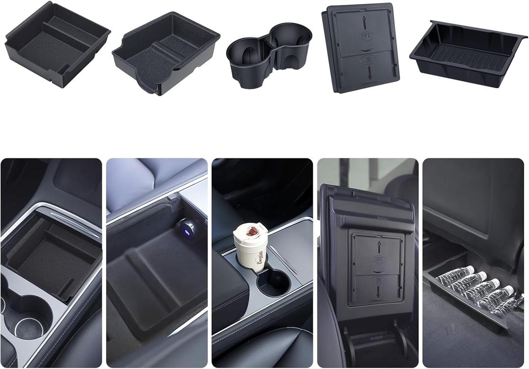 Center Console Organizer Tray 5PCS for Tesla Model Y Accessories 2024-2020(Not Fit 2024 2025 Model Y Juniper) Armrest Storage Tray, Hidden Storage Box, Cup Holder Insert, Under Seat Storage Box (Full-Black)