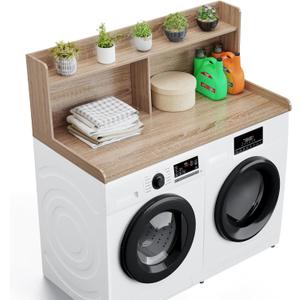Washer Dryer Countertop with 2 Tier Shelf, 27.5" W 54" L Laundry Wood Countertop with Edge Rails for Laundry Room Organization and Storage