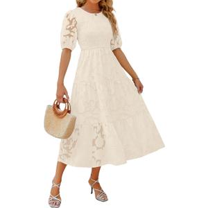 ZESICA Women's 2026 Summer Short Puff Sleeve Crewneck Smocked Floral Lace Flowy A Line Tiered Maxi Dresses (Beige, L)