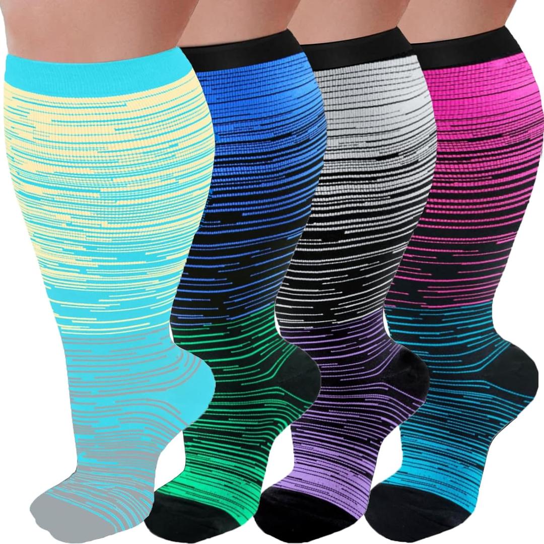 4 Pairs Plus Size Compression Socks for Women and Men 20-30 mmHg, Wide Calf Stockings Best Support for Circulation, Running (XX-Large, 01- Red/Dark Blue/White/Light Blue)