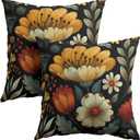 Vintage Boho Floral Pillow Covers 20x20 Inches Yellow Beige Black Throw Pillow Case Set of 2 Spring Flower Pillow Cover Cotton Linen Cushion Cover for Home Couch Sofa Bedroom Livingroom