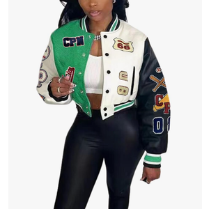 Glitrandi Varsity Jacket Women with Patches Print Cropped Bomber Leather Jacket Women 2025 M