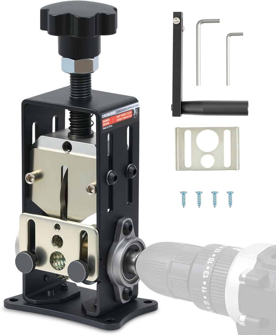 CREWORKS Manual Wire Stripper Machine, 0.06-1 inch Wire Stripper for Drill, Copper Wire Stripping Machine for Scrap Wire with 2 Feed Hole Plates, Cable Stripper Tool for Leftover Cable Recycling