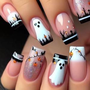 Halloween Press on Nails Square Fake Nails Medium Long False Nails with Ghost Forest Design Glue on Nails Star Sky Glossy Acrylic Nail Full Cover Stick on Nail for Women 24 Pcs