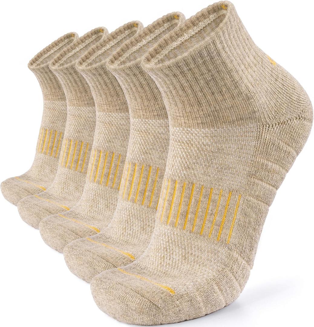 Lapulas Merino Wool Quarter Socks for Men Women, Hiking Running, Cushioned Compression Support, Thermal Thick, 5 Pairs (Large, Yellow)