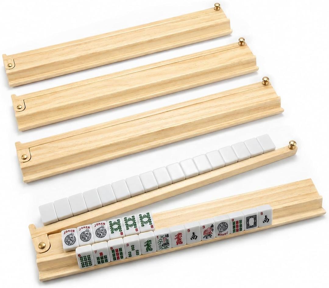 Mahjong Racks with Pushers Set of 4 for American Mahjong, 21 Inch Wooden Tile Holders with Metal Handles and Side Stoppers, Gift for Women, Seniors, Family Game Nights