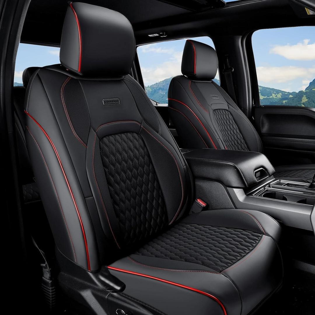 Coverado Chevy Chevrolet Silverado GMC Sierra Seat Covers Full Set, Fit for 2007-2013 & 2019-2026 1500, 2020-2026 2500HD 3500HD Crew Double Extended Cab, Faux Waterproof Leather Seat Covers (Redline)