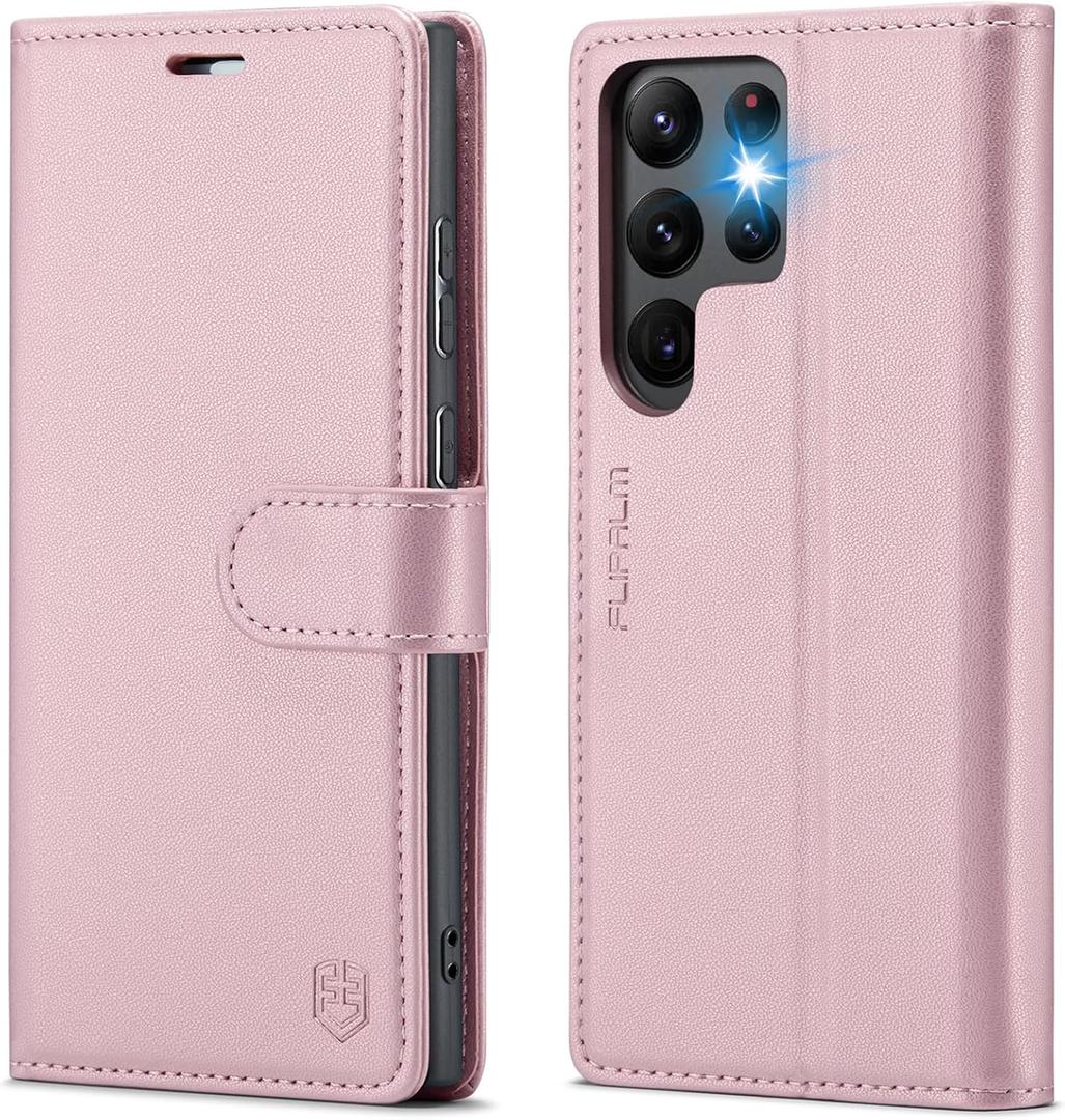 Wallet Case for Samsung Galaxy S22 Ultra, RFID Blocking Credit Card Holder, PU Leather Folio Flip Kickstand Protective Shockproof Cover for Samsung S22 Ultra (Rose Gold)
