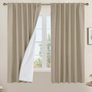 LAMIT 100% Blackout Natural Linen Curtains, 63 Inches Linen Textured Thermal Bedroom Curtains Back Tab and Rod Pocket Neutral Panels with White Liner for Farmhouse, 2 Panels, 52 x 63 Inch, Taupe
