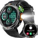 Military Smart Watch for Men (Call Receive/Dial) with LED Flashlight, 1.45" HD Outdoor Tactical Rugged Smartwatch, Sports Fitness Tracker Watch with Heart Rate Sleep Monitor for iPhone Android Phone (Black KE3)