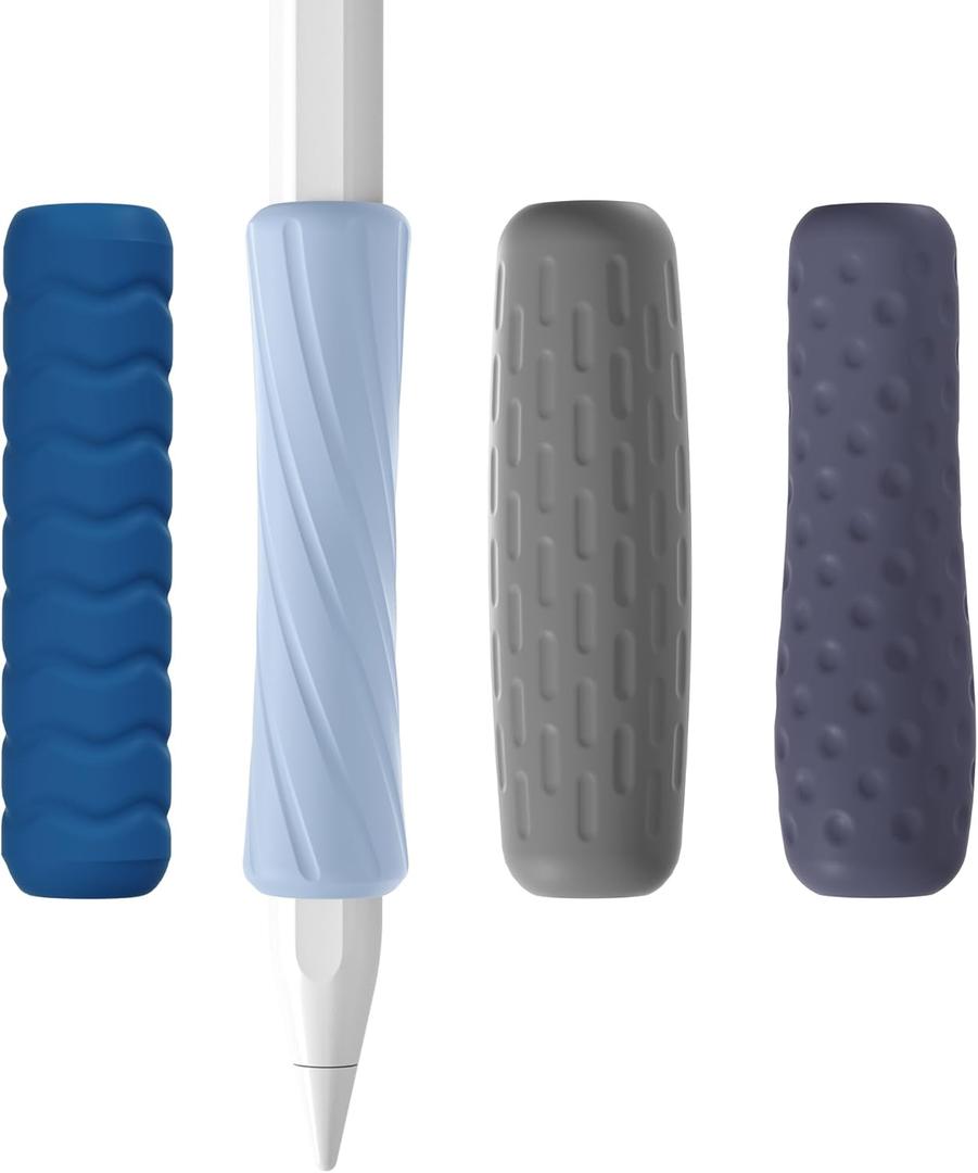 ELETIUO Pencil Grip 4-Pack Silicone Sleeve Cover Compatible with Apple Pencil Pro/USB-C/2nd Gen- Ergonomic Grip Holder with 4 Textures for Writing & Drawing, Protective Case, 4 Colors (Dark grey,Light grey,Dark blue,Light blue)