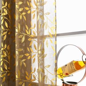 Deeprove Sheer Curtains 84 Inches Long 2 Panels Set, Gold Foil Print Metallic Vine Leaves Window Treatments for Bedroom, Xmas Decor Privacy Golden Drapes Pair, Rod Pocket, Gold and Taupe, 52"W x 84"L (Pack of 2)
