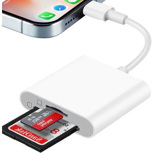 SD Card Reader for iPhone, SD & Micro SD Dual Slots Memory Card Reader for iPad, Plug and Play Trail Game Camera SD Card Viewer, Digital Trail Camera Card Adapter, No App Required