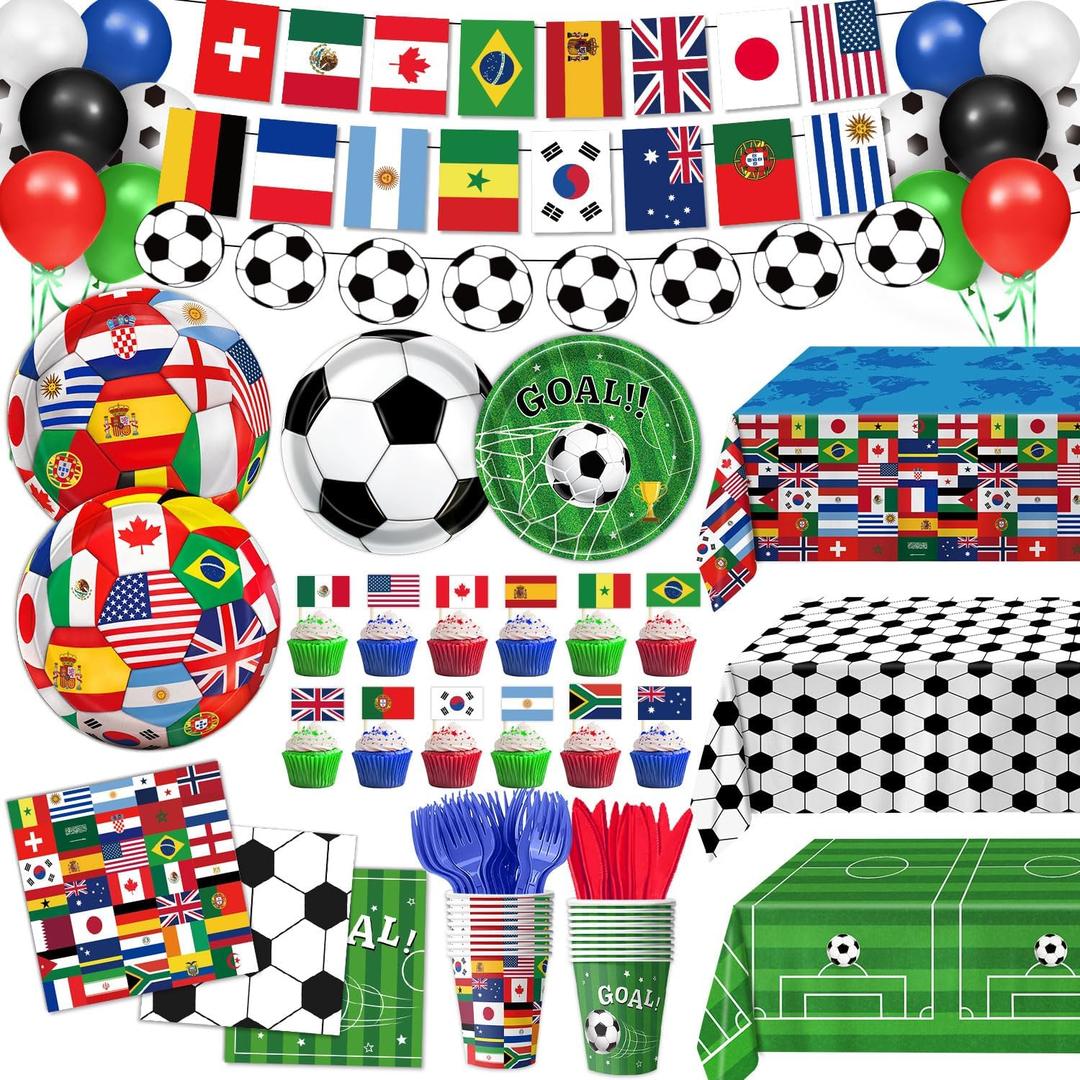Soccer Birthday Party Decorations Includes Plates, Napkins, Cups, Banner, Hanging Swirls, Tablecloths, Balloons, Cupcake Toppers for 2026 Soccer Party Decorations, Serves 24
