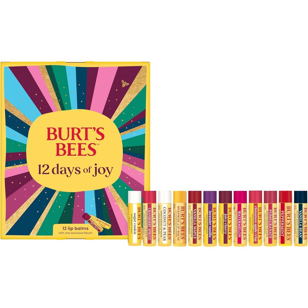 Burt's Bees 12 Days of Joy Lip Balm Advent Calendar Gift Set, Flavored Lip Balm Pack Great for Office Holiday Gifts, Tint-Free, Natural Origin Lip Care, 12 Tubes, 0.15 oz. Burt's Bees 12 Days of Joy Lip Balm Advent Calendar Gift Set, Flavored Lip Balm Pack Great for Office Holiday Gifts, Tint-Free, Natural Origin Lip Care, 12 Tubes, 0.15 oz.