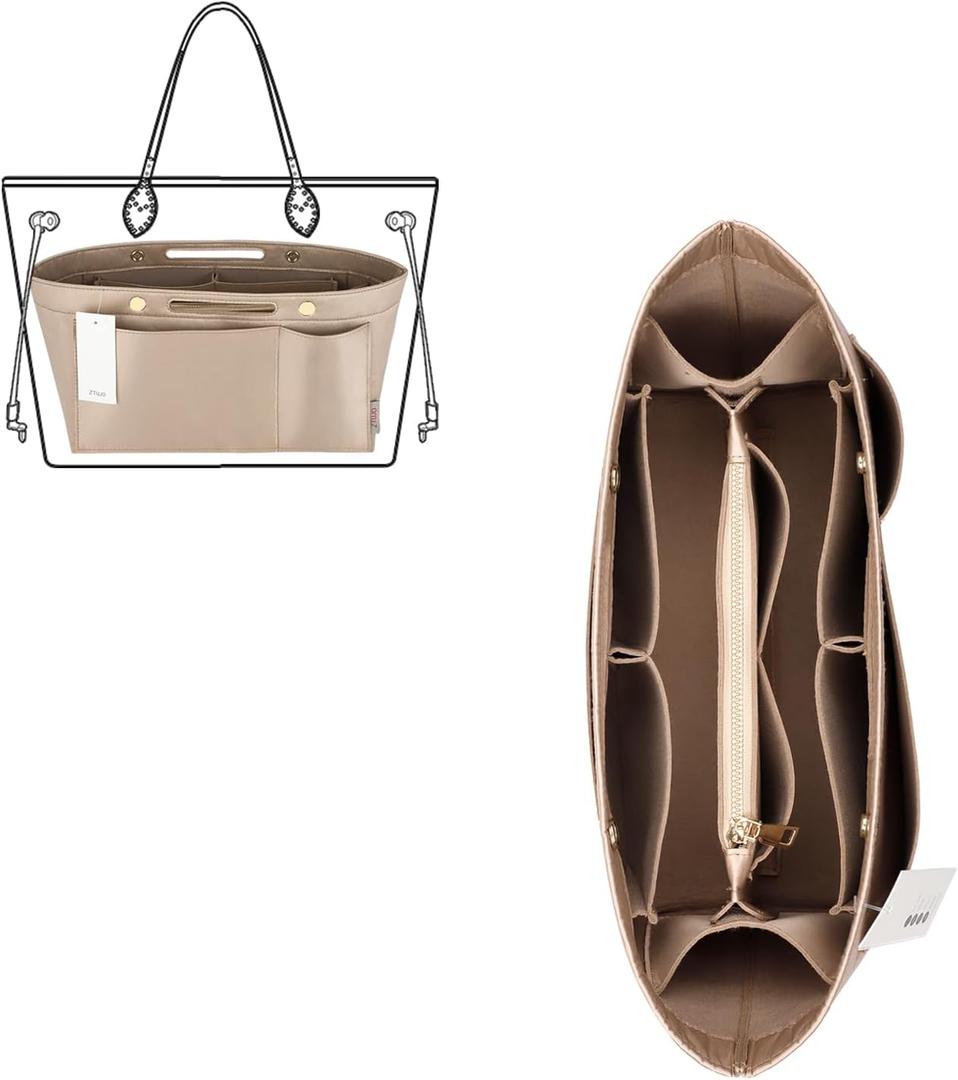 ZTUJO Purse Organizer Insert For Handbags, Silky Bag Organizer With 2 Zippers For Speedy Neverful Tote and More (Beige, Large)