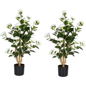 Romantic Season 2Pack Artificial Camellia Tree 3FT, White Faux Camellia Plant Fake Potted Camellia Flower Tree Plastic Camellia Tree for Modern Home Office Living Room Floor Dcor Indoor