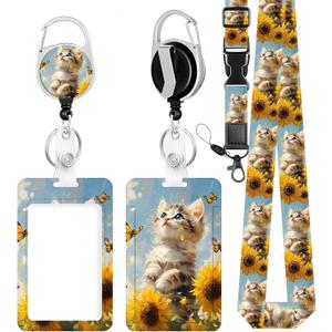 ID Badge Holder with Lanyard, Retractable ID Badge Card Holders Adjustable Lanyard Strap with Badge Reel and Vertical ID Holder for Nurse Students Teachers Office Staff(Sunflower Cat)
