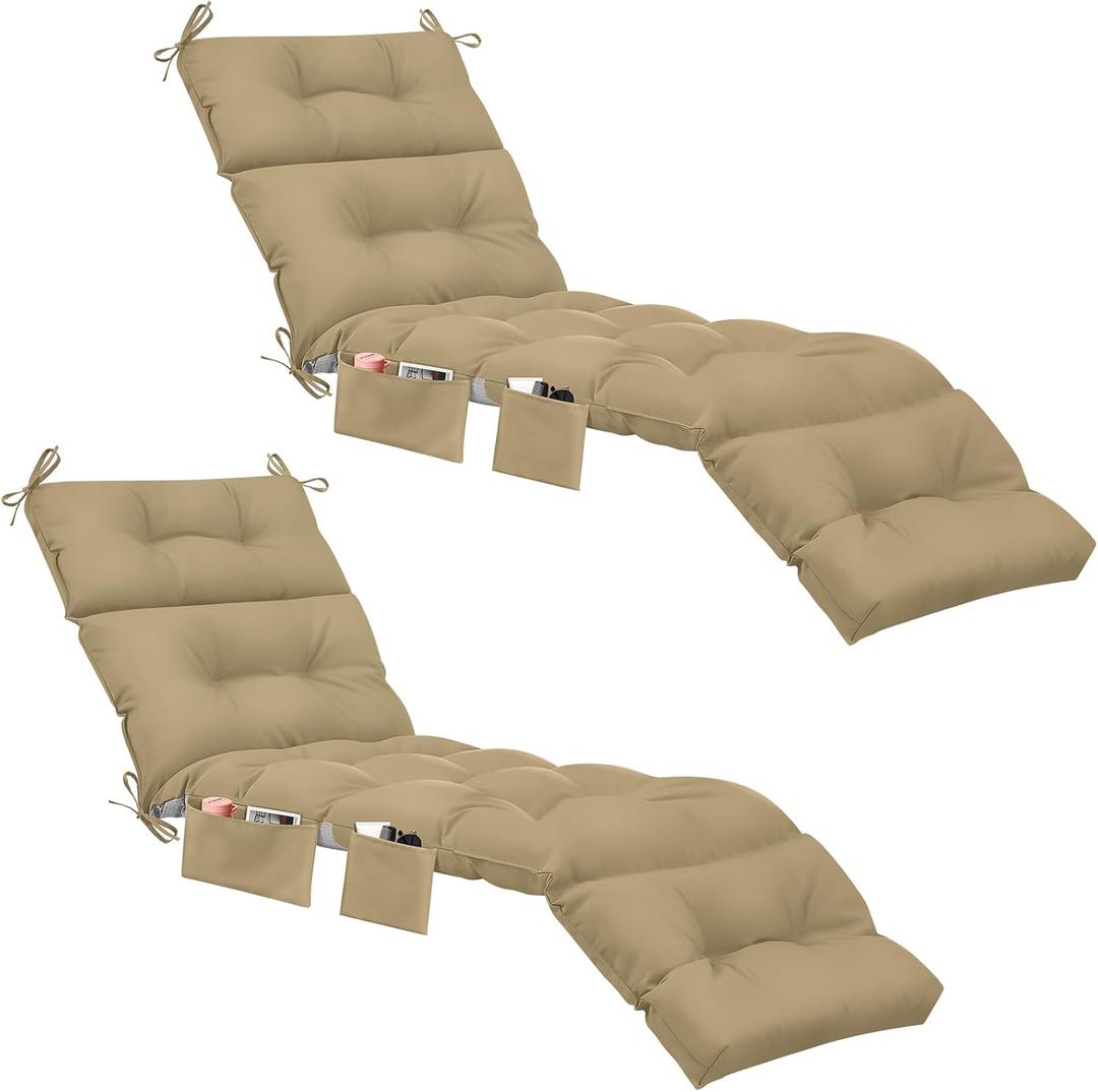 Kigley Outdoor Chaise Lounge Cushions with 3 Side Pocket 74.5 x 22 x 4.7 Inch Patio Chaise Lounge Cushion, Water-Repellent and Fade-Resistant Tufted Summer Replacement(2 Pcs,Brown,Solid Color)