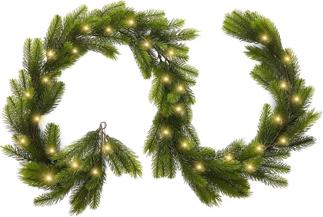 9FT Real Touch Norfolk Pine Garland Christmas with Light Winter Artificial Faux Greenery Garland Table Mantle Stairs Fireplace Wall Decor Outdoor Indoor Porch Home Decorations (Battery Not Included)