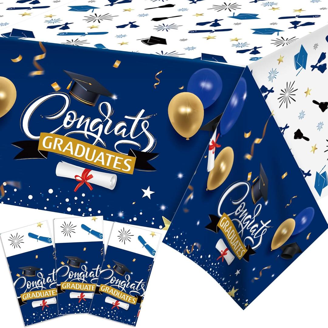3 Pcs Graduation Pattern Tablecloth, Graduation Tablecovers Congrats Grad Rectangle Disposable Plastic Tablecloth for Kitchen Dining Picnic Tabletop Decoration, 54 x 87 Inch