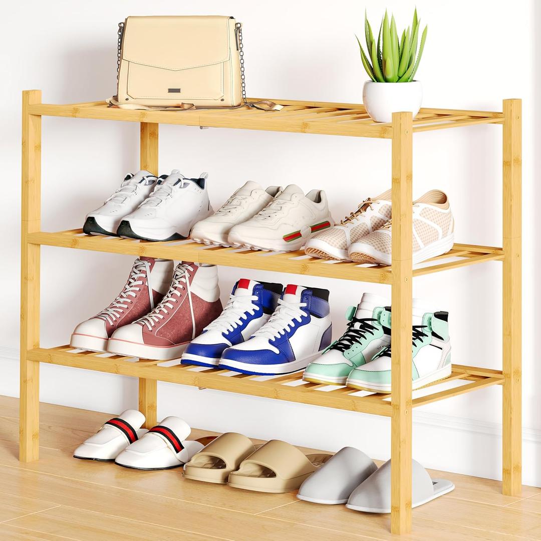 Smiry Shoe Rack, 3 Tier Bamboo Shoe Organizer, Stackable Free Standing Wooden Shoe Storage Shelf for Closet, Entryway, Front Door Entrance, Natural