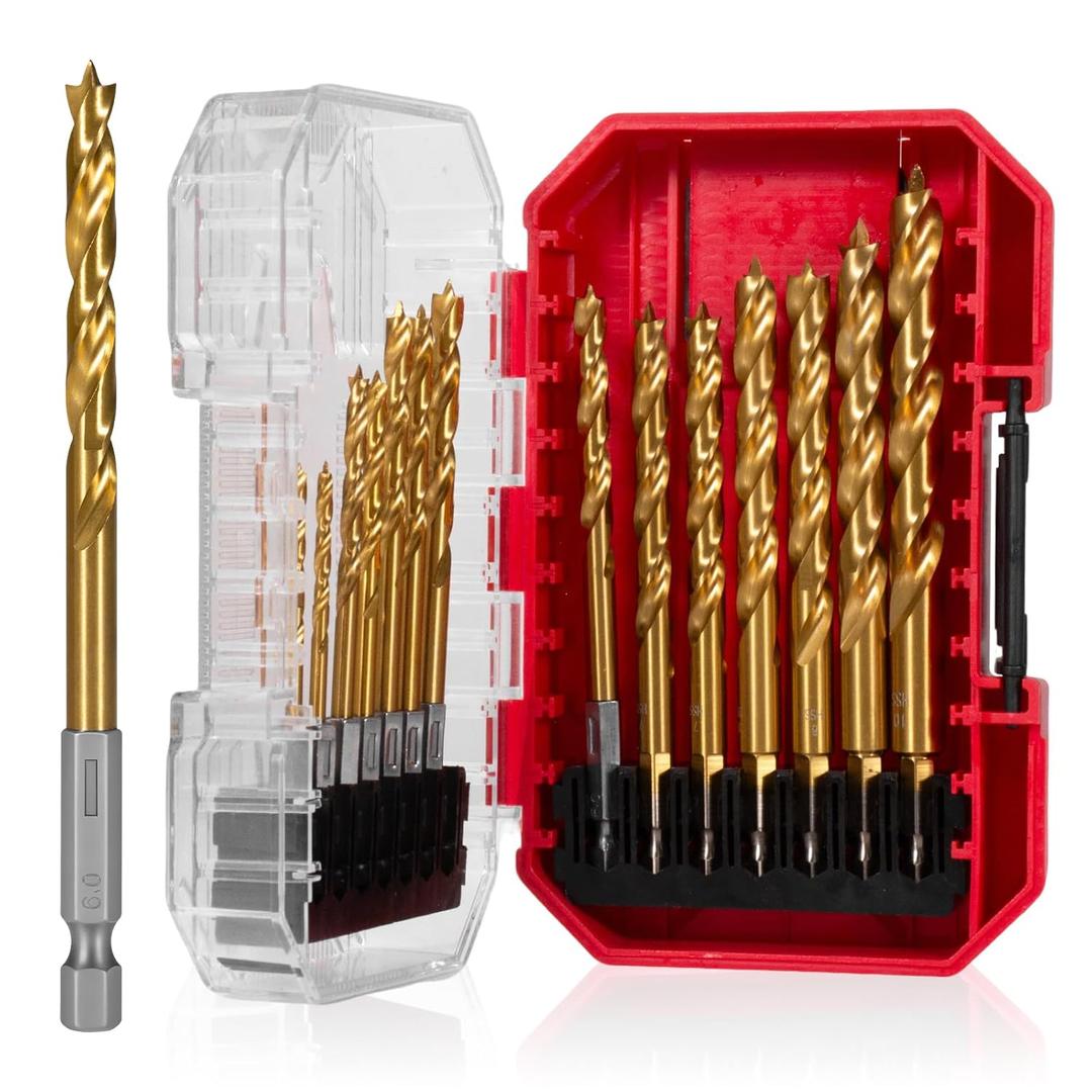 14Pcs Hex Shank HSS-G Brad Point Drill Bit Set for Wood, Double Flute Design for Fast Chip Removal, Perfect for Fine Woodworking & Cabinetry, Metric Sizes (3-10mm) with Storage Case