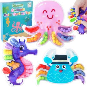 3Pack Color Sorting Toys Sensory Toys : Fine Motor Skill Games Learning for Toddlers, Color Matching Fidget Sensory for Calm Down, Preschool Learning & Educational Montessori (Sea Animals 3pack)
